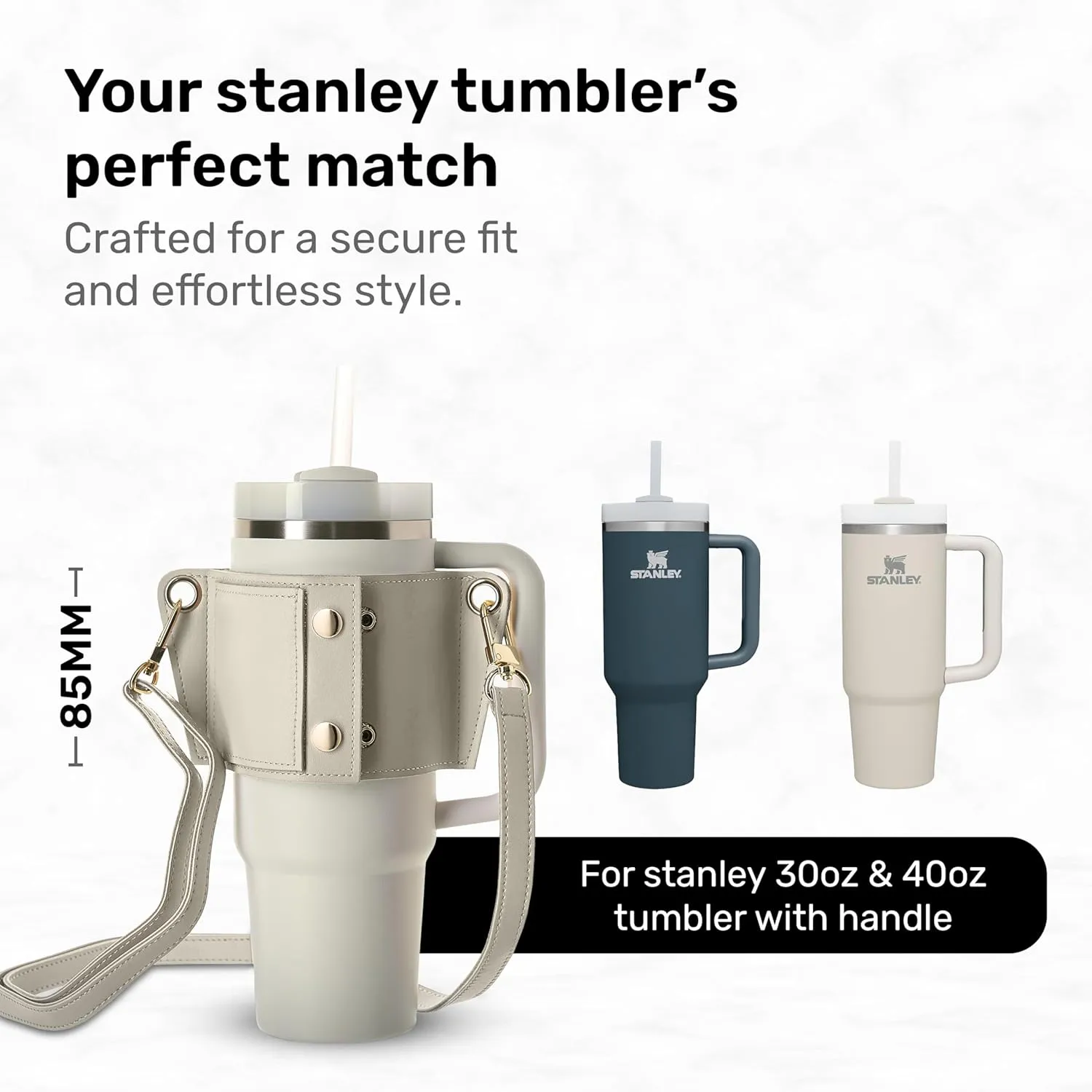 Water Bottle Carrier Strap White Leather Compatible with Stanley 30/40oz Tumbler with Handle, Adjustable Shoulder Strap Credit Card Holder Keyring for Keys for Travel Yoga Workout