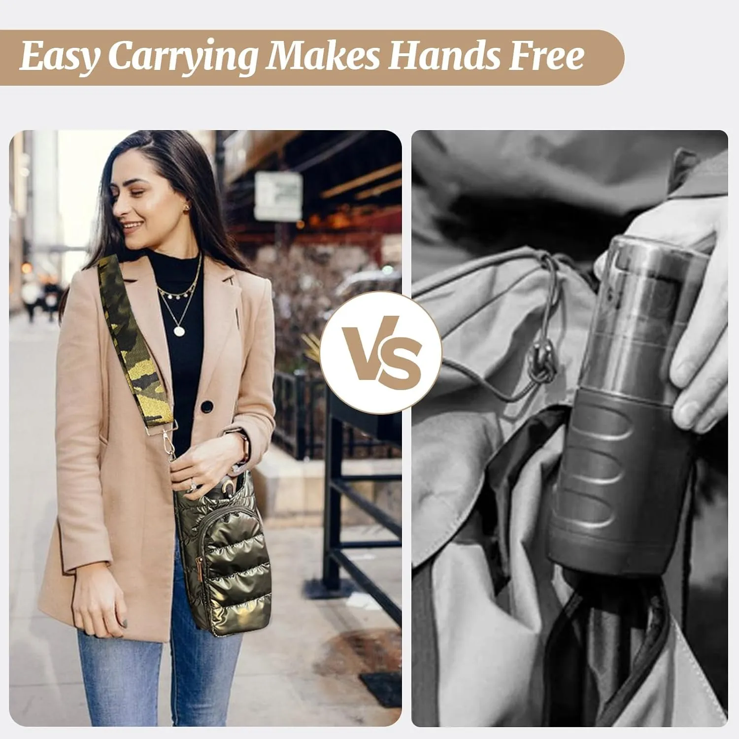 Water Bottle Holder with Strap Quilted Crossbody HydroBag Stylish Puffer Waterbottle Purses Water Bottle Sling Bag Water Bottle Accessories for Gifts Outdoor Travel Walking Hiking Camping