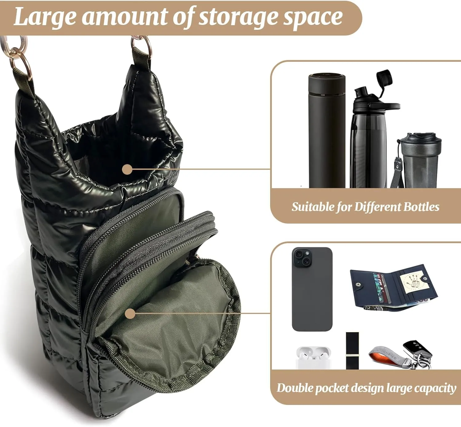 Water Bottle Holder with Strap Quilted Crossbody HydroBag Stylish Puffer Waterbottle Purses Water Bottle Sling Bag Water Bottle Accessories for Gifts Outdoor Travel Walking Hiking Camping