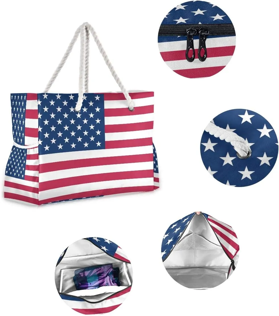 Water Resistant Beach Bag, Beach Tote with Rope Handles, Top Zipper Closure, 2 Inner Pockets - Bonus Wetbag/Drybag