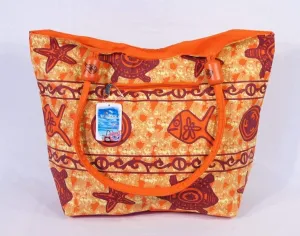 Water Resistant Fish Turtle Design Canvas Beach Tote Bag Zipper Closure with Wood Balls 21 X 15 X 6"