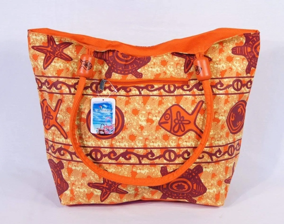 Water Resistant Fish Turtle Design Canvas Beach Tote Bag Zipper Closure with Wood Balls 21 X 15 X 6"