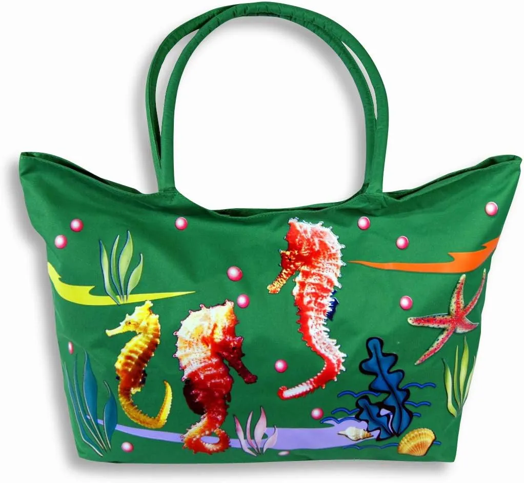 Water Resistant Jumbo Green Canvas Beach Tote Bag Seahorse Design Zipper Closure 24 x 15 x 6"