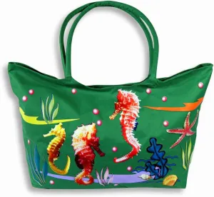 Water Resistant Jumbo Green Canvas Beach Tote Bag Seahorse Design Zipper Closure 24 x 15 x 6"