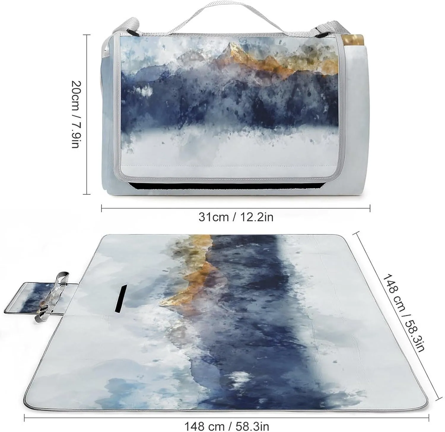 Watercolor Abstract Mountain Range Picnic Blanket with Carry Strap Foldable & Portable 3-Layer Waterproof Sand Proof Beach Blanket for Outdoor Camping Travel Grass Lawn Park Music Festival