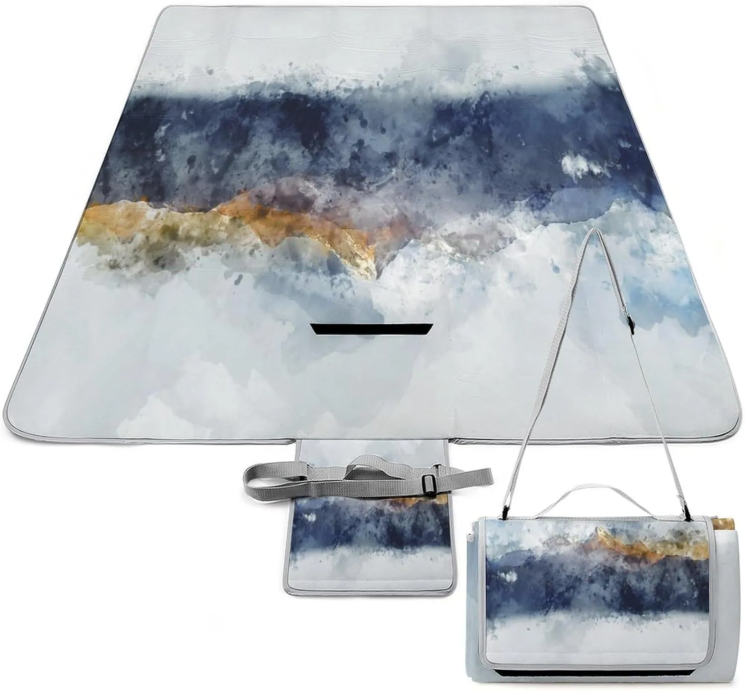 Watercolor Abstract Mountain Range Picnic Blanket with Carry Strap Foldable & Portable 3-Layer Waterproof Sand Proof Beach Blanket for Outdoor Camping Travel Grass Lawn Park Music Festival