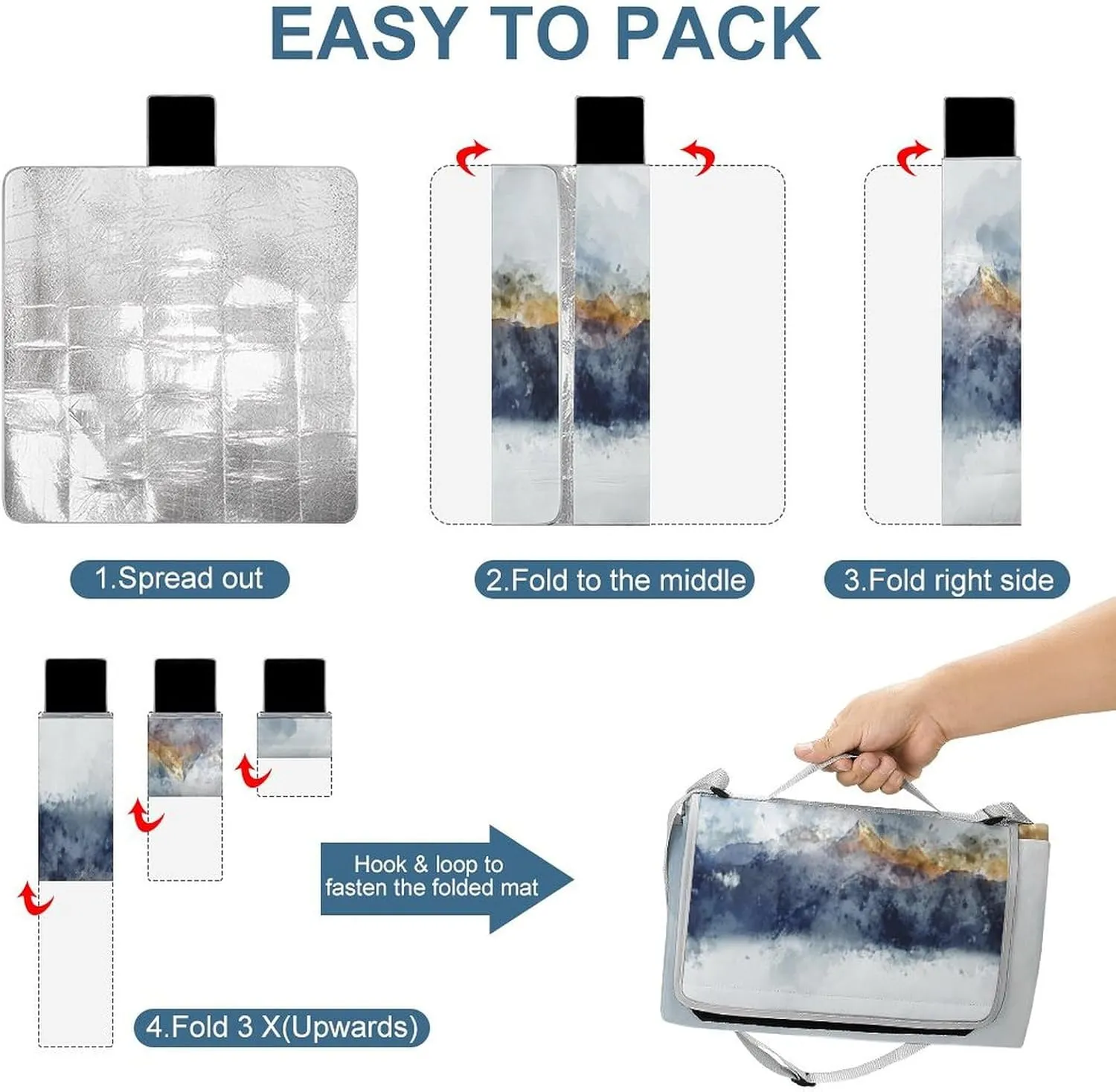 Watercolor Abstract Mountain Range Picnic Blanket with Carry Strap Foldable & Portable 3-Layer Waterproof Sand Proof Beach Blanket for Outdoor Camping Travel Grass Lawn Park Music Festival