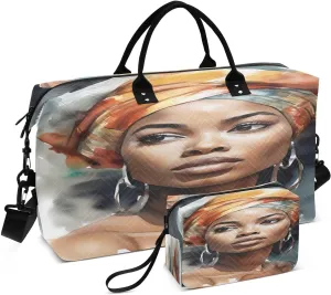 Watercolor Female African Woman Travel Duffel Bag with Toiletry Bag Weekender Bag for Carry on Sports Gym Bag for Yoga Sports Gym