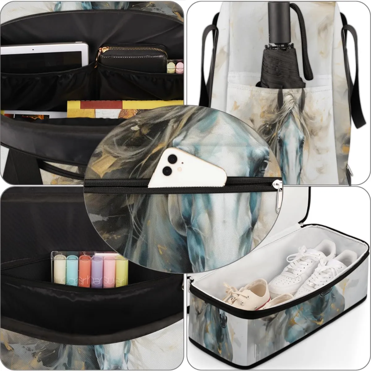 Watercolor Horse Foldable Travel Duffel Bag Overnight Weekender Bag with Shoes Compartment Sports Gym Bag for Men Women