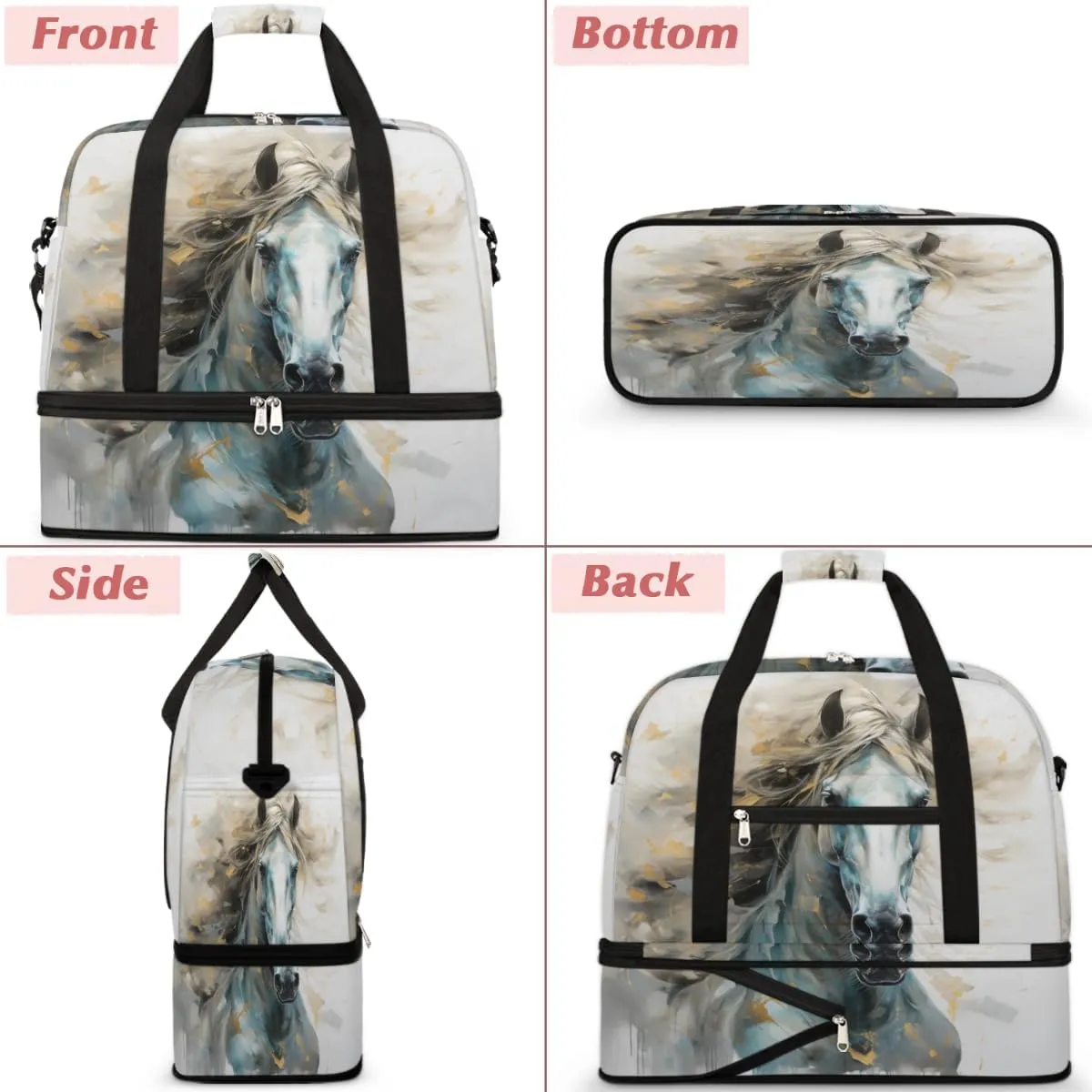 Watercolor Horse Foldable Travel Duffel Bag Overnight Weekender Bag with Shoes Compartment Sports Gym Bag for Men Women