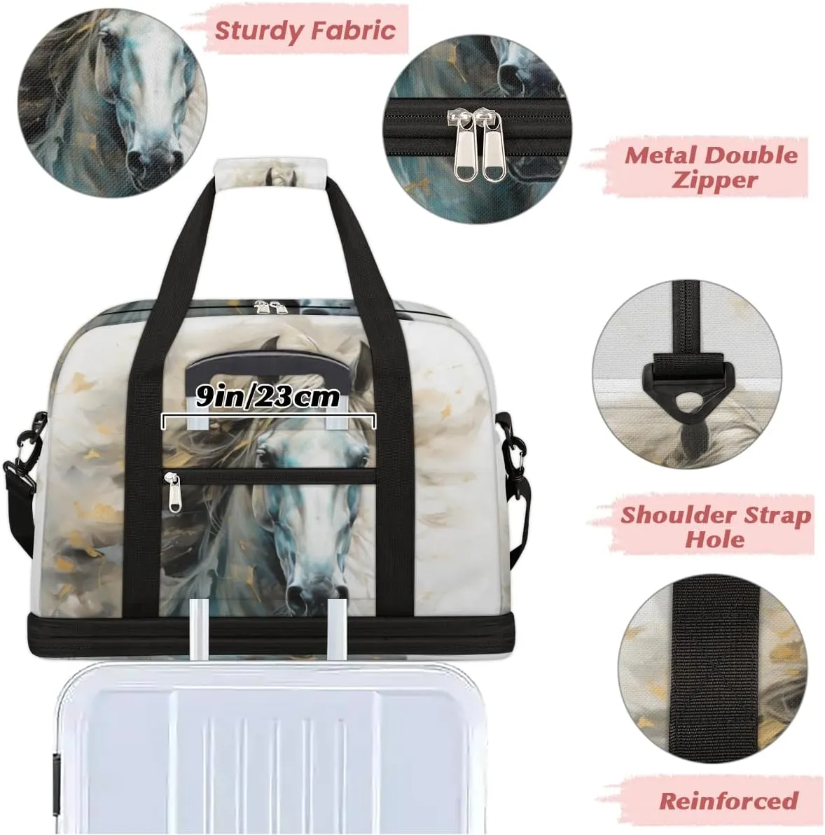 Watercolor Horse Foldable Travel Duffel Bag Overnight Weekender Bag with Shoes Compartment Sports Gym Bag for Men Women