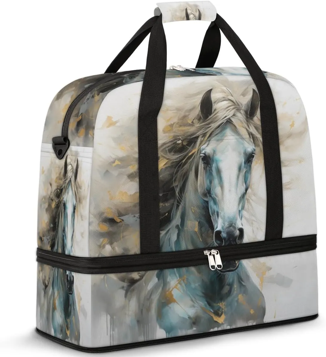 Watercolor Horse Foldable Travel Duffel Bag Overnight Weekender Bag with Shoes Compartment Sports Gym Bag for Men Women