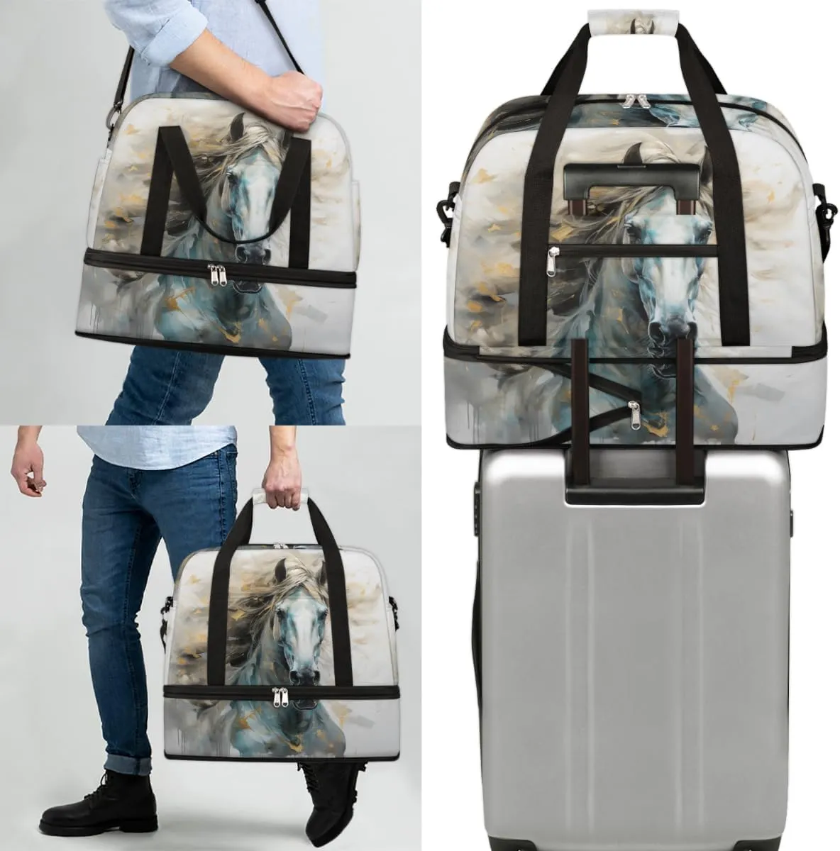 Watercolor Horse Foldable Travel Duffel Bag Overnight Weekender Bag with Shoes Compartment Sports Gym Bag for Men Women