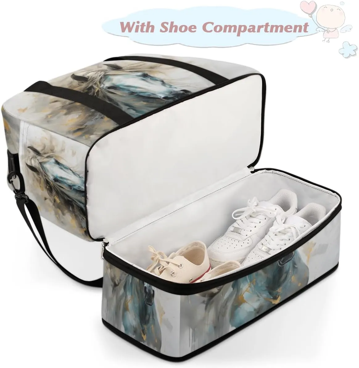Watercolor Horse Foldable Travel Duffel Bag Overnight Weekender Bag with Shoes Compartment Sports Gym Bag for Men Women