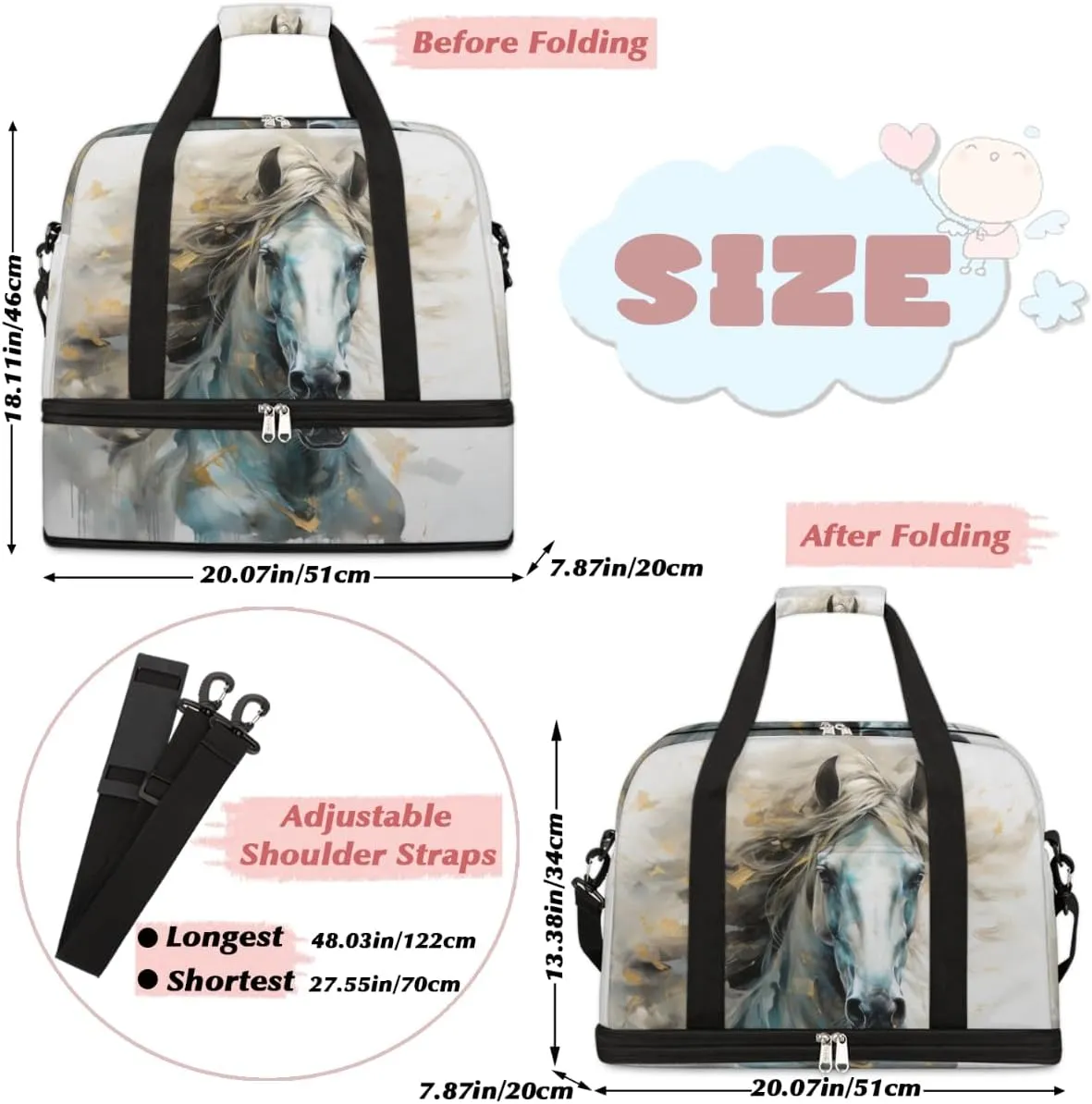 Watercolor Horse Foldable Travel Duffel Bag Overnight Weekender Bag with Shoes Compartment Sports Gym Bag for Men Women
