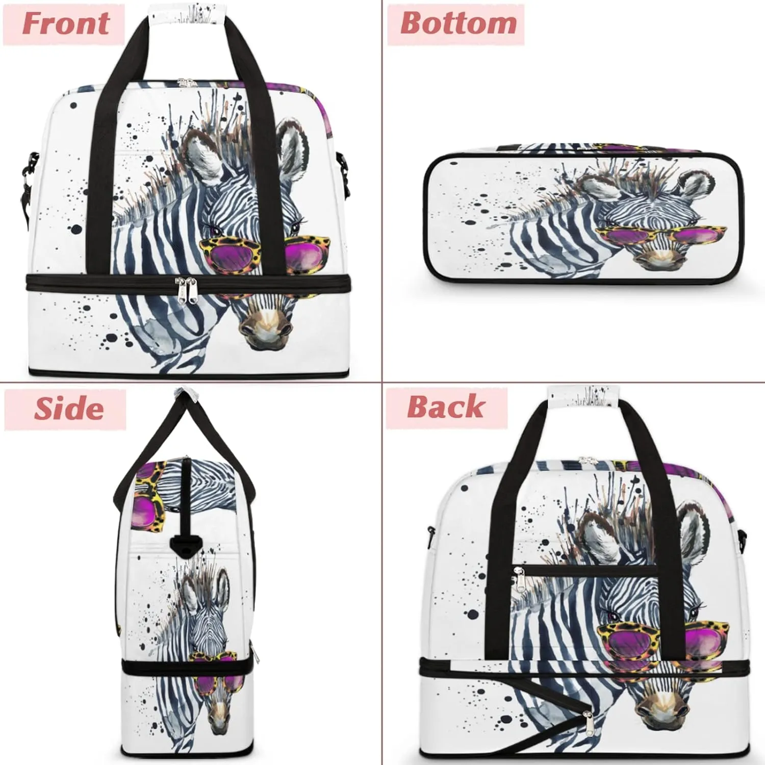 Watercolor Zebra Foldable Travel Duffel Bag Tote Carry On Luggage Sports Gym Bag With Shoe Compartment For Woman Man Overnight Weekend Yoga Workout Bag Training Handbag