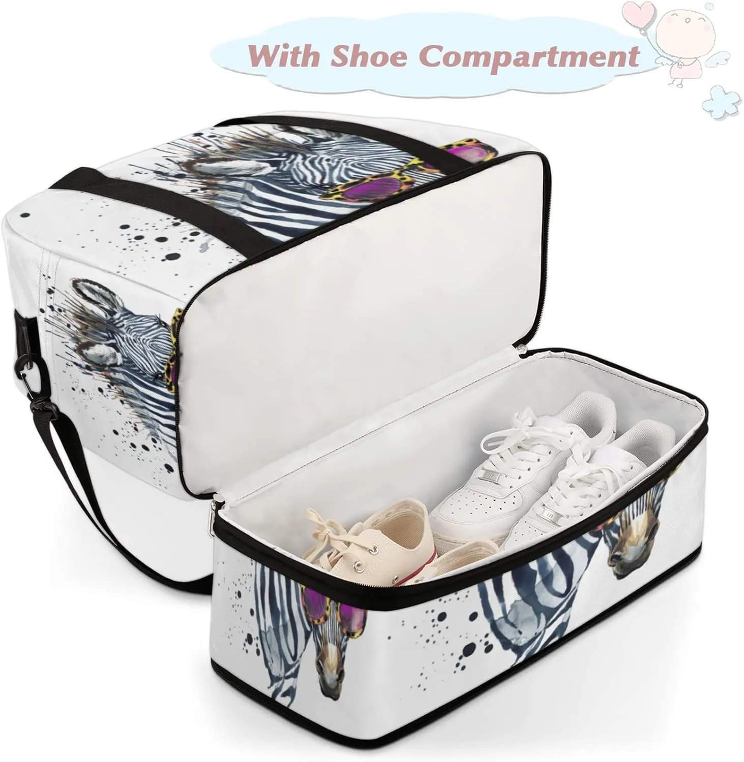 Watercolor Zebra Foldable Travel Duffel Bag Tote Carry On Luggage Sports Gym Bag With Shoe Compartment For Woman Man Overnight Weekend Yoga Workout Bag Training Handbag