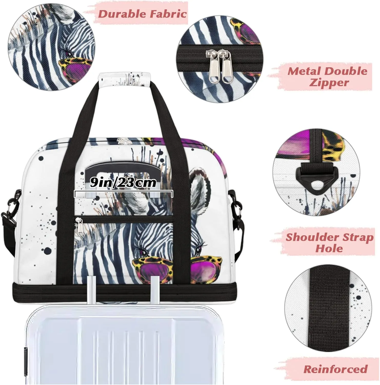 Watercolor Zebra Foldable Travel Duffel Bag Tote Carry On Luggage Sports Gym Bag With Shoe Compartment For Woman Man Overnight Weekend Yoga Workout Bag Training Handbag