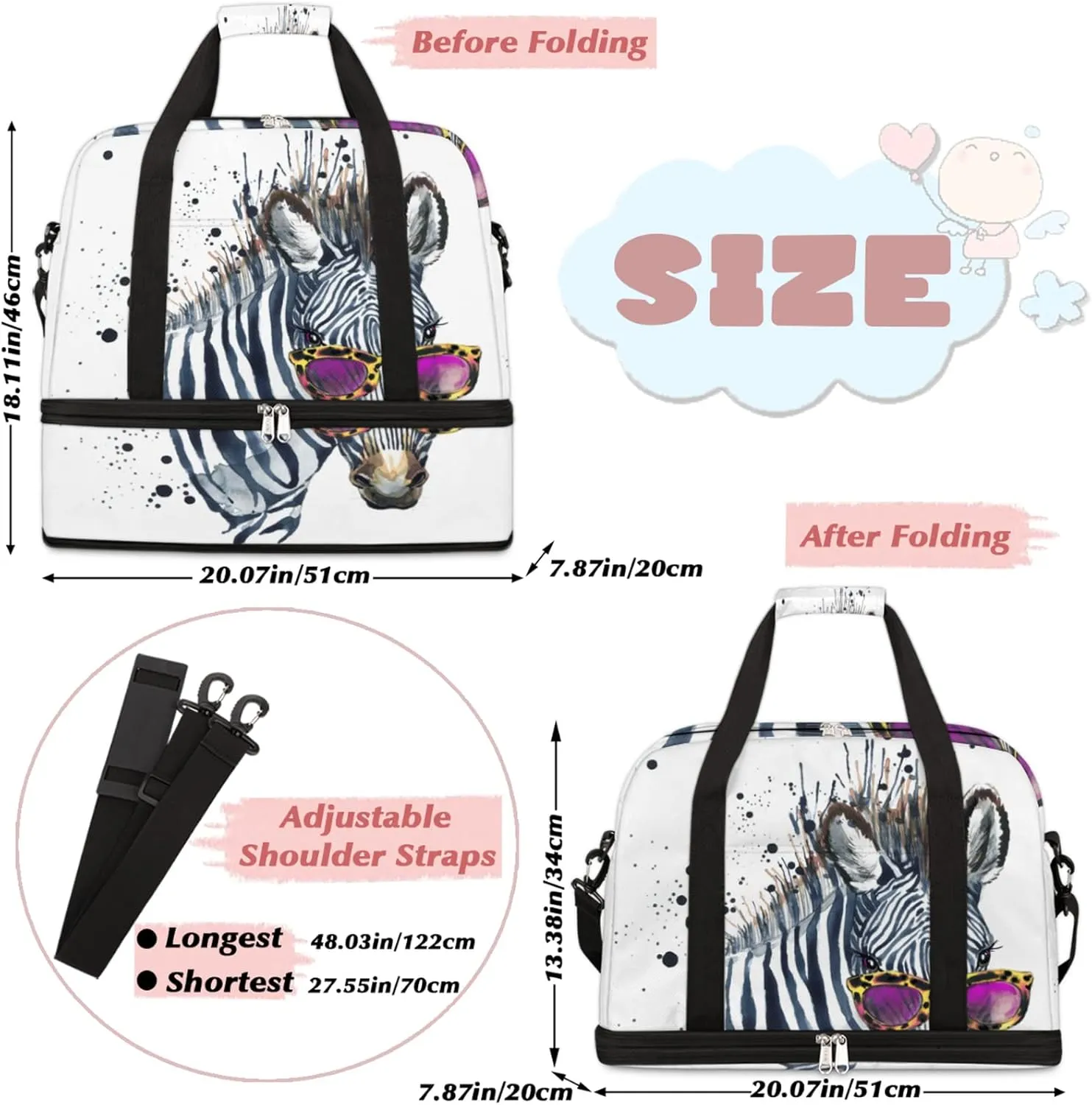 Watercolor Zebra Foldable Travel Duffel Bag Tote Carry On Luggage Sports Gym Bag With Shoe Compartment For Woman Man Overnight Weekend Yoga Workout Bag Training Handbag