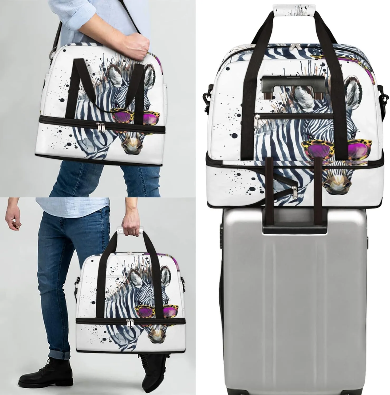 Watercolor Zebra Foldable Travel Duffel Bag Tote Carry On Luggage Sports Gym Bag With Shoe Compartment For Woman Man Overnight Weekend Yoga Workout Bag Training Handbag