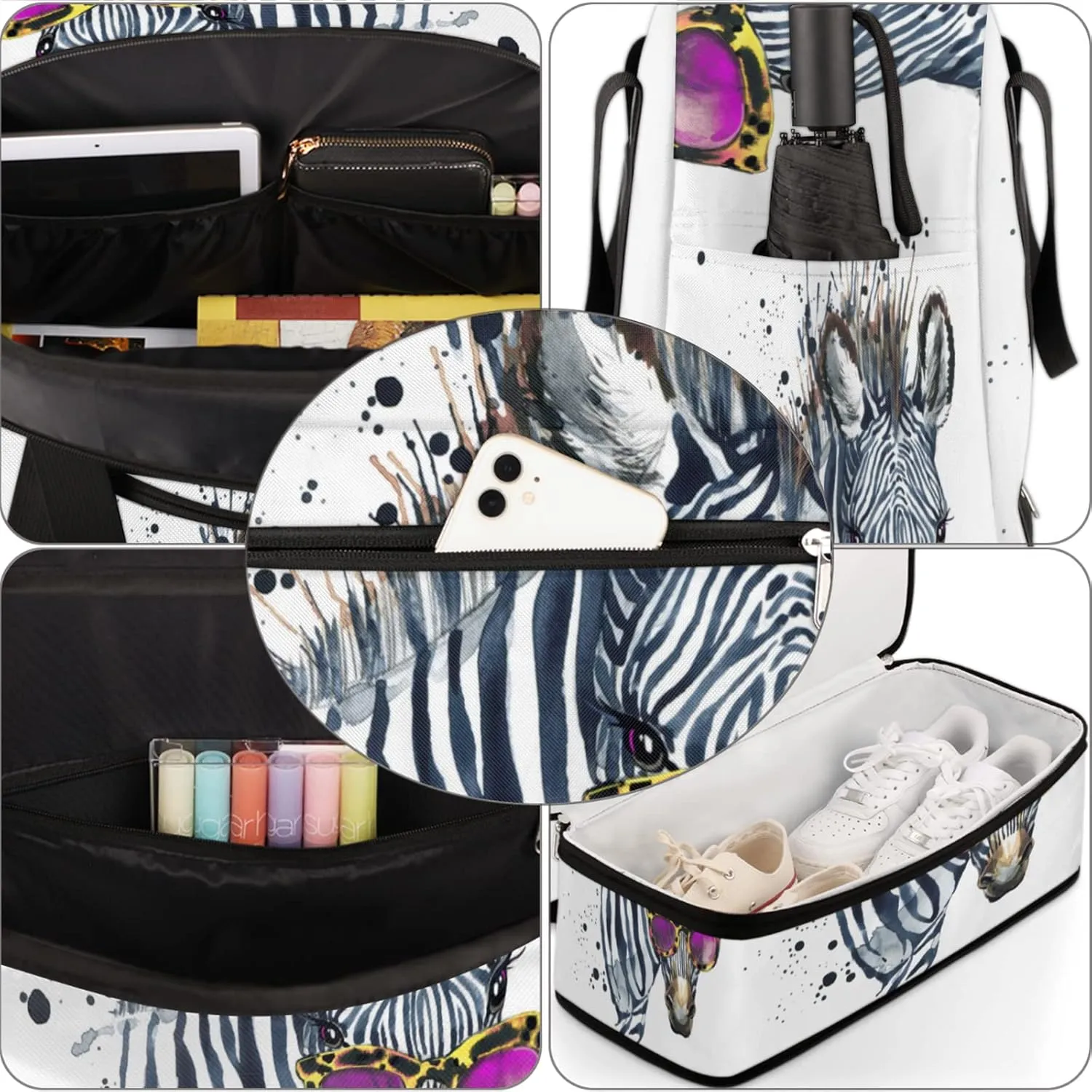 Watercolor Zebra Foldable Travel Duffel Bag Tote Carry On Luggage Sports Gym Bag With Shoe Compartment For Woman Man Overnight Weekend Yoga Workout Bag Training Handbag