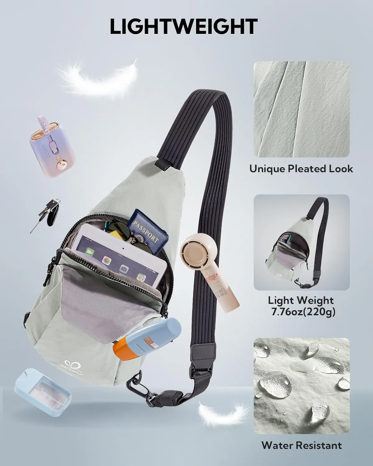 WATERFLY Small Crossbody Sling Bag: Lightweight Women Men Sling Backpack Stylish Casual Cross Body Bag Adjustable Straps Chest Bag Daypack for Shopping Hiking Travelling Green