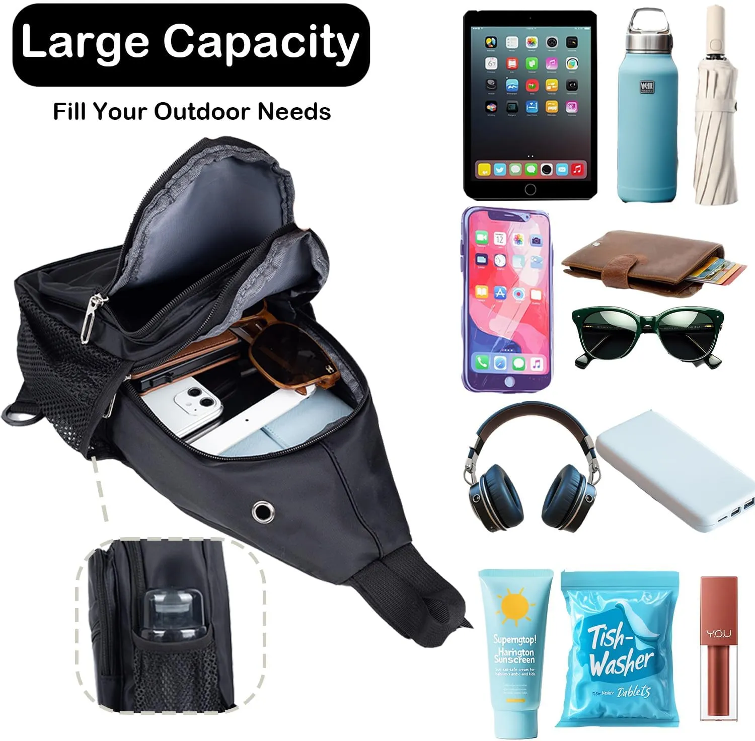 Waterproof Sling Backpack Crossbody Sling Bag, Cross Bag Adjustable Travel Hiking Essentials Casual Daypack Multipurpose Chest Bag Purse for Women Men