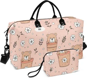 Weekender Bags Travel Duffel Gym Bag Cute Teddy Bear Line Pot Carry on Overnight Tote Bag with Toiletry Bag for Airplane Travel Trip Gym Yoga