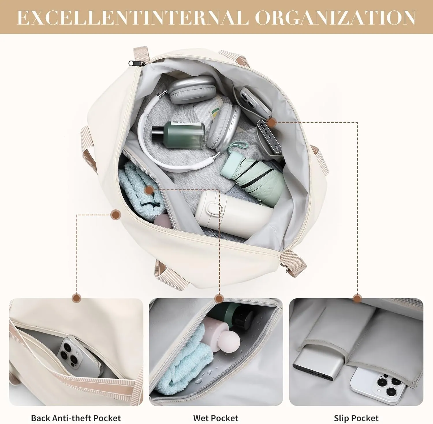 Weekender Foldable Travel Duffel Bag - Waterproof Carry On Tote for Women's Travel, Sport, Gym, Hospital Labor and Delivery - Overnight Luggage Bag, 40L, Beige
