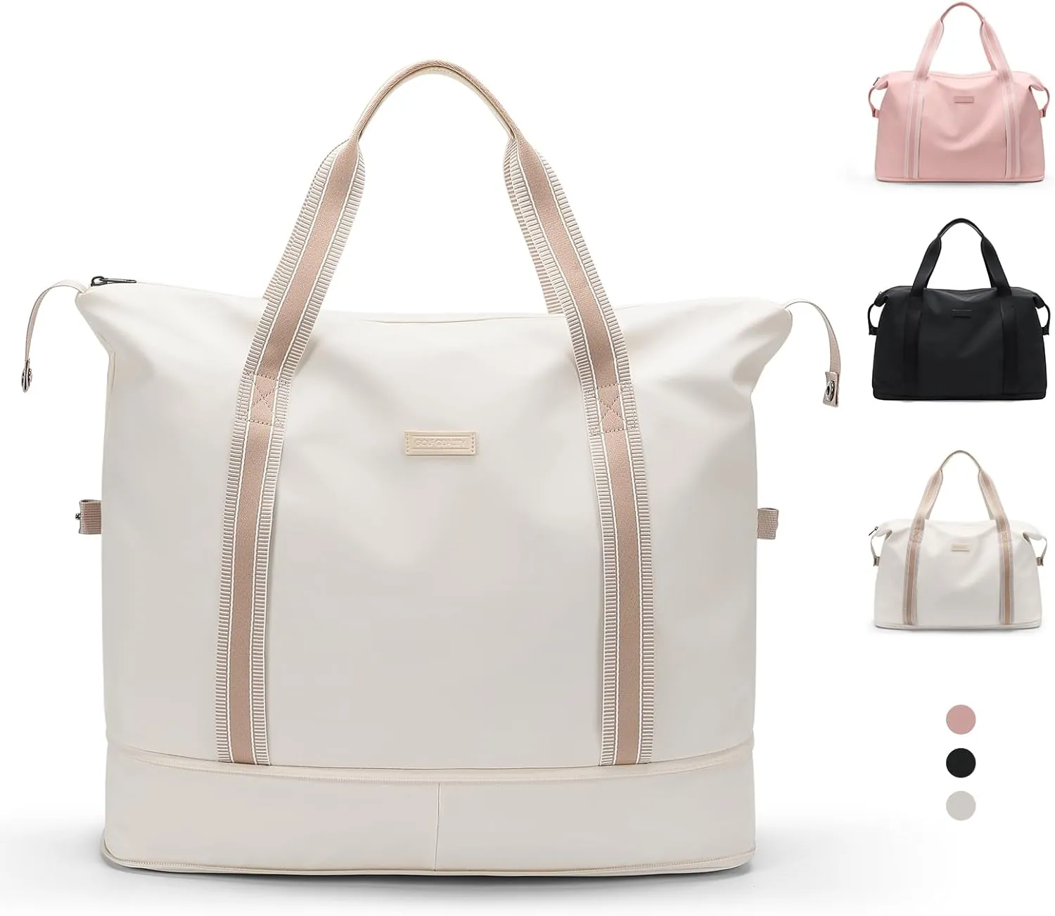Weekender Foldable Travel Duffel Bag - Waterproof Carry On Tote for Women's Travel, Sport, Gym, Hospital Labor and Delivery - Overnight Luggage Bag, 40L, Beige