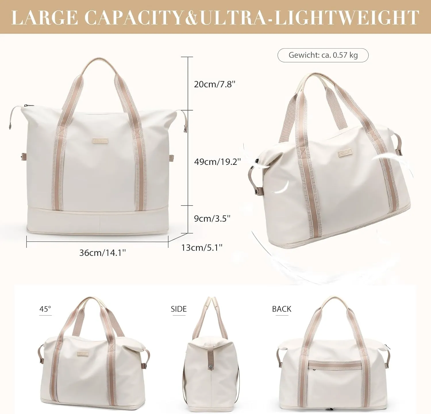 Weekender Foldable Travel Duffel Bag - Waterproof Carry On Tote for Women's Travel, Sport, Gym, Hospital Labor and Delivery - Overnight Luggage Bag, 40L, Beige