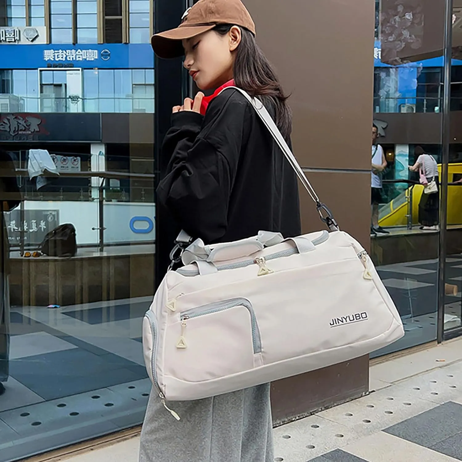 Weekender Overnight Bag Travel Duffel Bag with Independent Shoe Compartment Carry On Sports Tote Gym Bag for Women Men (Beige)