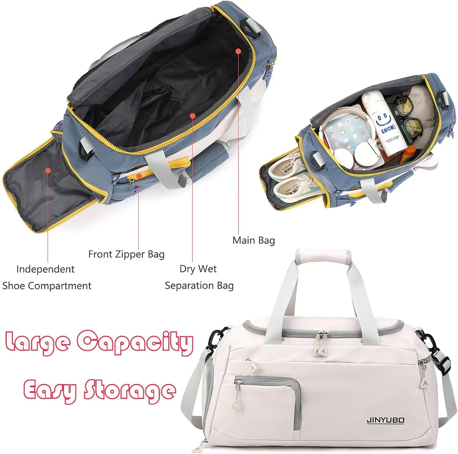 Weekender Overnight Bag Travel Duffel Bag with Independent Shoe Compartment Carry On Sports Tote Gym Bag for Women Men (Beige)