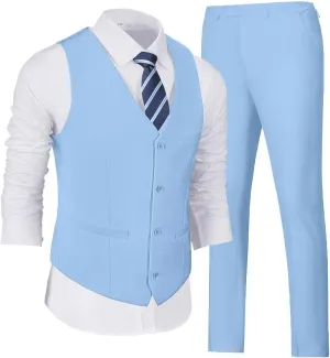 Wehilion Men's Suits 2 Pieces, Vest Pants Set for Men, V-Neck Slim Fit Casual Suit Waistcoat