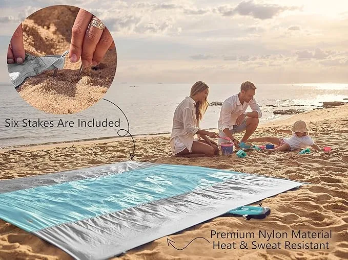 WEKAPO Beach Blanket Sandproof, Extra Large Beach Mat, Big & Compact Sand Free Mat Quick Drying, Lightweight & Durable with 6 Stakes & 4 Corner Pockets