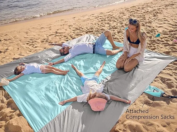 WEKAPO Beach Blanket Sandproof, Extra Large Beach Mat, Big & Compact Sand Free Mat Quick Drying, Lightweight & Durable with 6 Stakes & 4 Corner Pockets