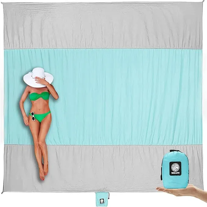 WEKAPO Beach Blanket Sandproof, Extra Large Beach Mat, Big & Compact Sand Free Mat Quick Drying, Lightweight & Durable with 6 Stakes & 4 Corner Pockets