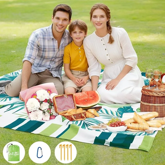 WERNNSAI Beach Blanket - Large Beach Mat 83’’x 79’’/ 6.5Ft x 7Ft for 1-4 Adults Waterproof Sandproof with 4 Stakes Pockets Quick Dry Lightweight Green Plant Pattern Picnic Mat for Beach Party Camping