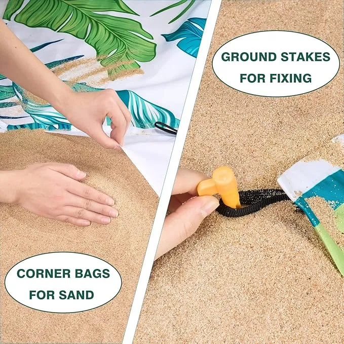 WERNNSAI Beach Blanket - Large Beach Mat 83’’x 79’’/ 6.5Ft x 7Ft for 1-4 Adults Waterproof Sandproof with 4 Stakes Pockets Quick Dry Lightweight Green Plant Pattern Picnic Mat for Beach Party Camping