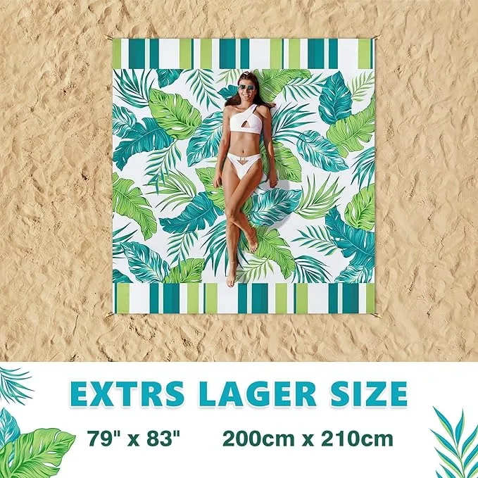 WERNNSAI Beach Blanket - Large Beach Mat 83’’x 79’’/ 6.5Ft x 7Ft for 1-4 Adults Waterproof Sandproof with 4 Stakes Pockets Quick Dry Lightweight Green Plant Pattern Picnic Mat for Beach Party Camping