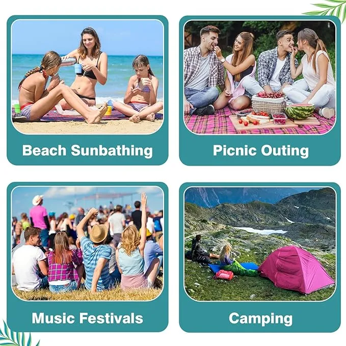 WERNNSAI Beach Blanket - Large Beach Mat 83’’x 79’’/ 6.5Ft x 7Ft for 1-4 Adults Waterproof Sandproof with 4 Stakes Pockets Quick Dry Lightweight Green Plant Pattern Picnic Mat for Beach Party Camping