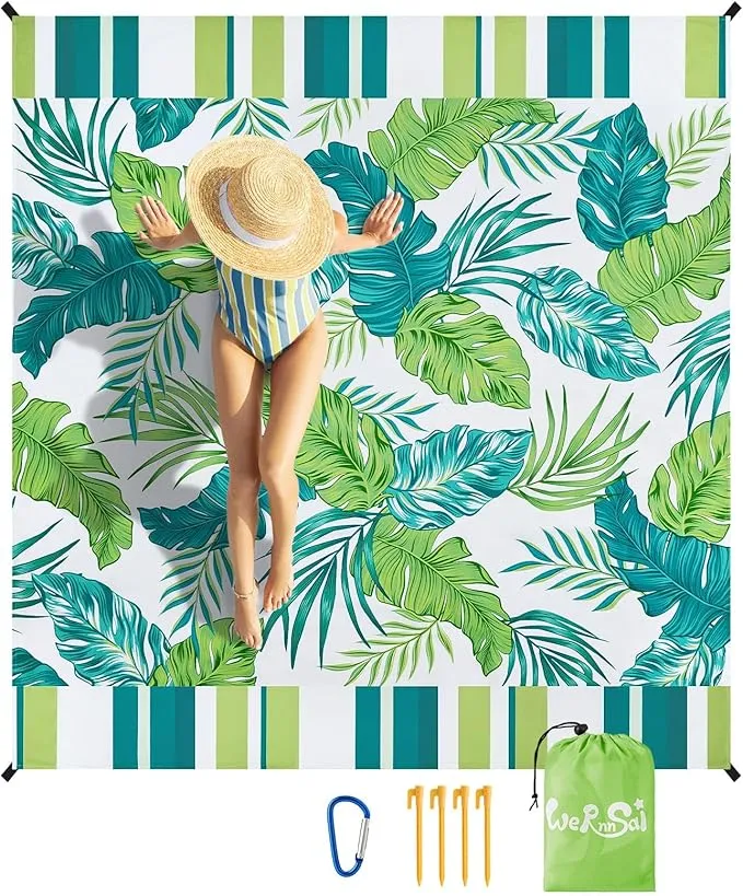 WERNNSAI Beach Blanket - Large Beach Mat 83’’x 79’’/ 6.5Ft x 7Ft for 1-4 Adults Waterproof Sandproof with 4 Stakes Pockets Quick Dry Lightweight Green Plant Pattern Picnic Mat for Beach Party Camping