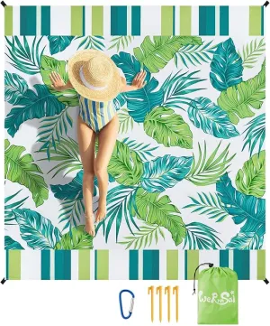 WERNNSAI Beach Blanket - Large Beach Mat 83’’x 79’’/ 6.5Ft x 7Ft for 1-4 Adults Waterproof Sandproof with 4 Stakes Pockets Quick Dry Lightweight Green Plant Pattern Picnic Mat for Beach Party Camping