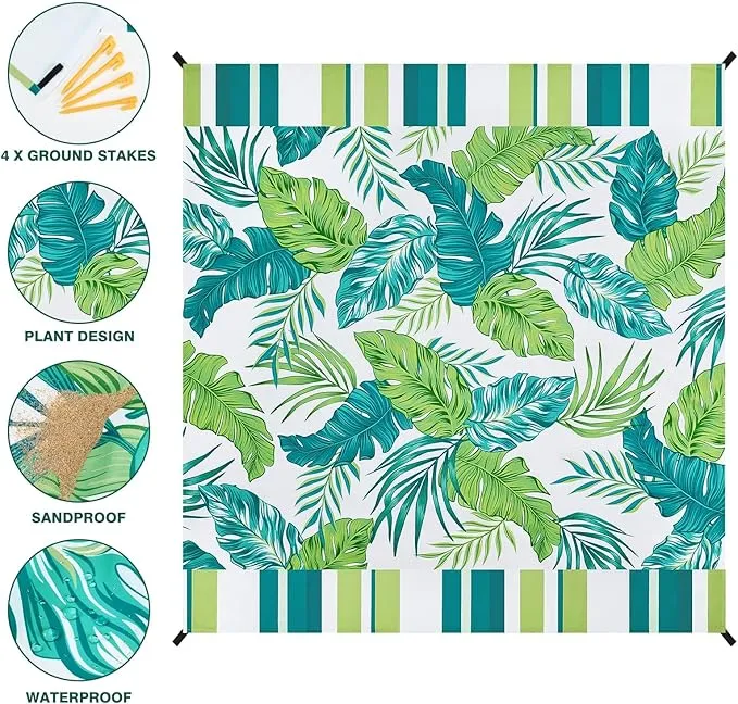 WERNNSAI Beach Blanket - Large Beach Mat 83’’x 79’’/ 6.5Ft x 7Ft for 1-4 Adults Waterproof Sandproof with 4 Stakes Pockets Quick Dry Lightweight Green Plant Pattern Picnic Mat for Beach Party Camping