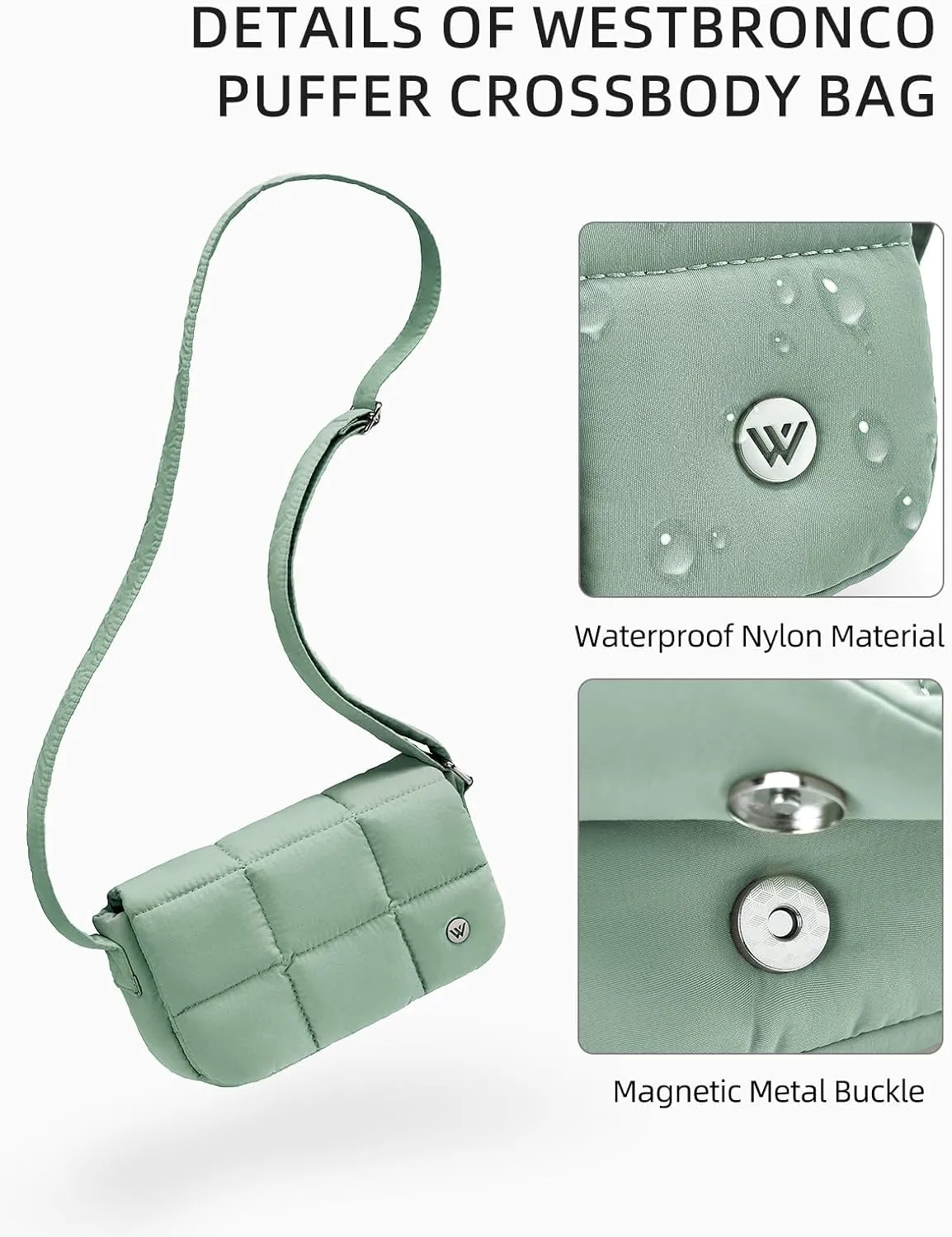 WESTBRONCO Small Puffer Crossbody Bags for Women Nylon Shoulder Bag Quilted Crossbody Purse with Adjustable Strap