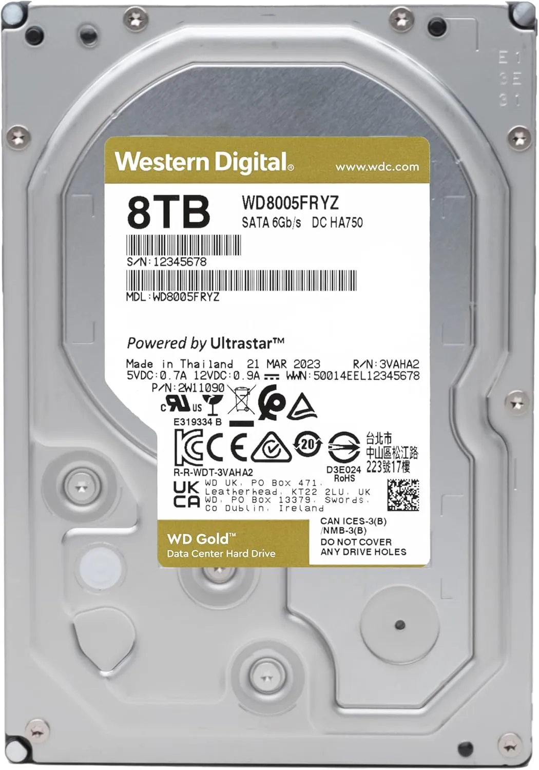 Western Digital 8TB WD Gold Enterprise Class Internal Hard Drive - 7200 RPM Class, SATA 6 Gb/s, 256 MB Cache, 3.5" - WD8005FRYZ