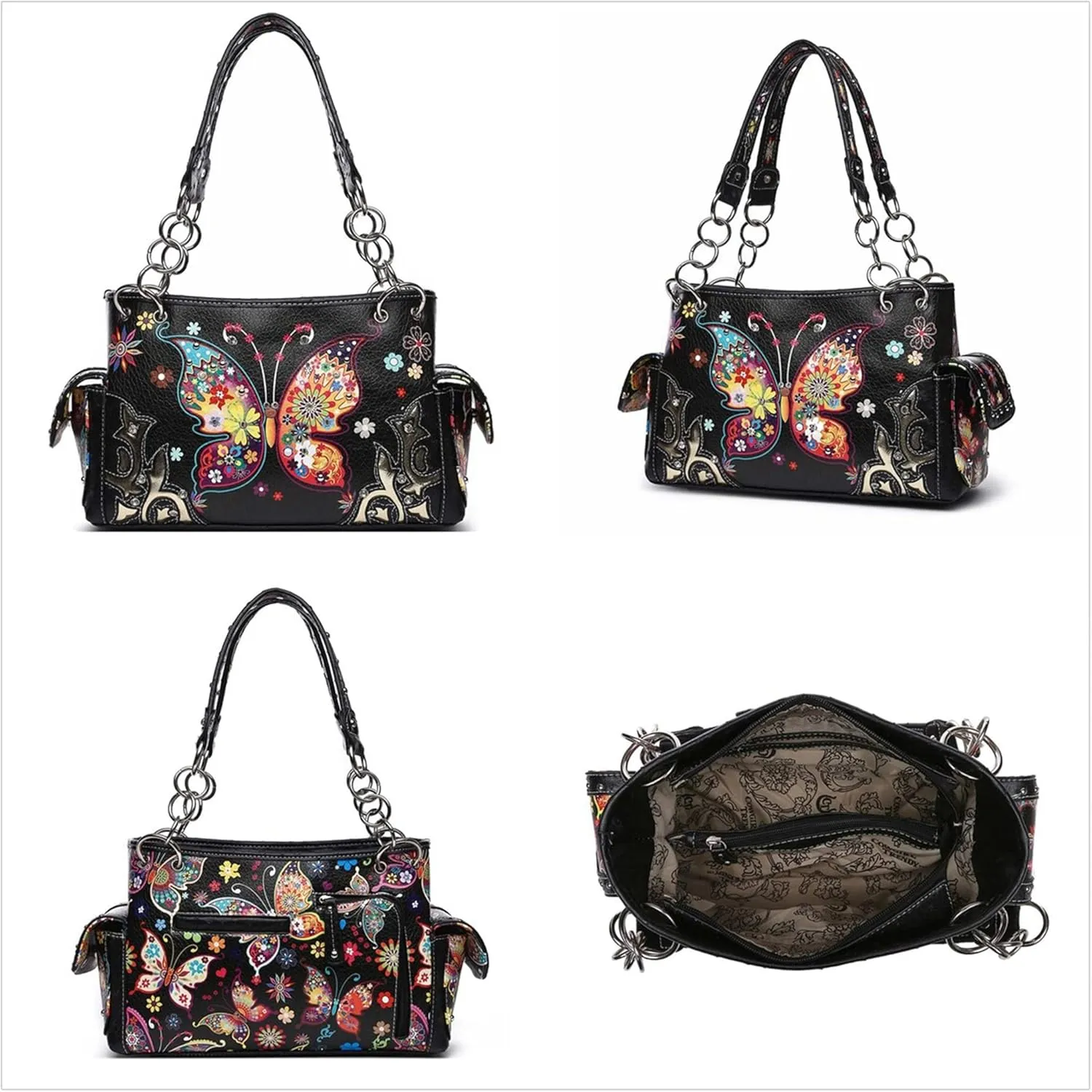 Western Style Spring Butterfly Flower Purse Women Country Handbag Rhinestone Stud Shoulder Bag Wallet Set