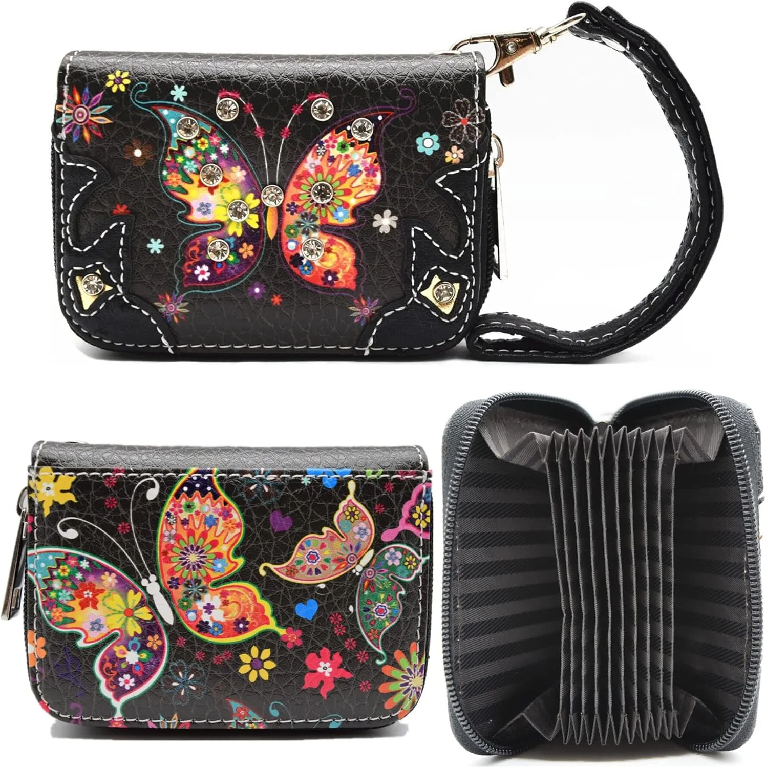 Western Style Spring Butterfly Flower Purse Women Country Handbag Rhinestone Stud Shoulder Bag Wallet Set