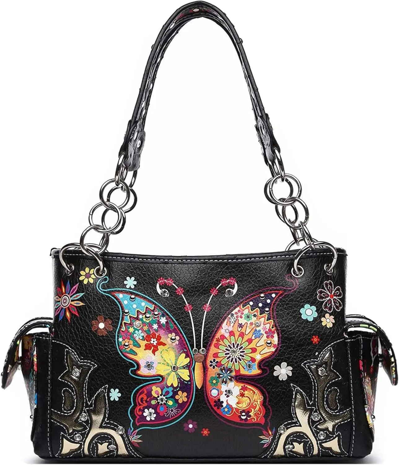 Western Style Spring Butterfly Flower Purse Women Country Handbag Rhinestone Stud Shoulder Bag Wallet Set