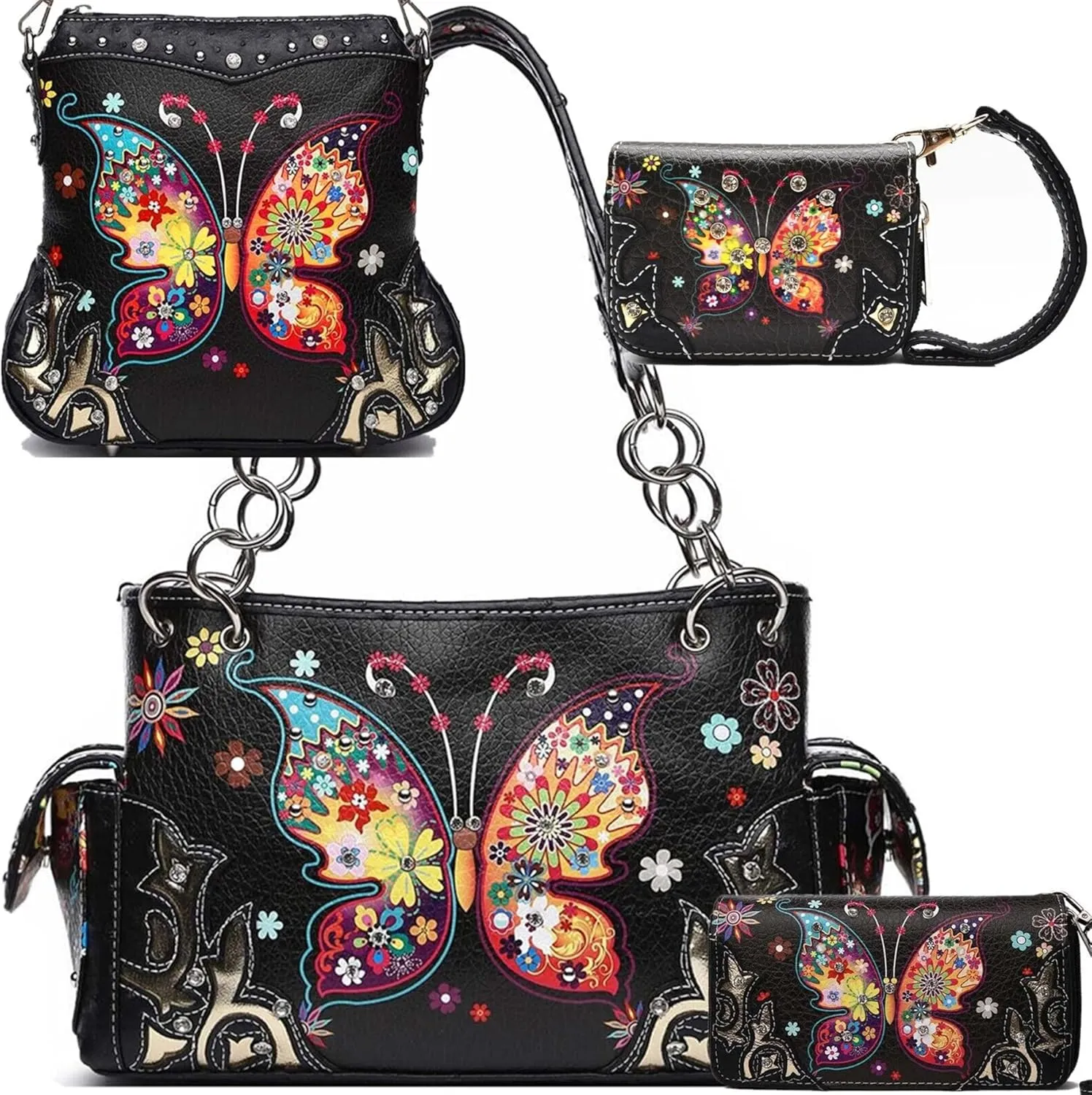 Western Style Spring Butterfly Flower Purse Women Country Handbag Rhinestone Stud Shoulder Bag Wallet Set